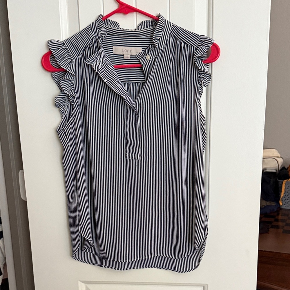 LOFT Women's Striped Navy White Crepe Top Ruffle Sleeves